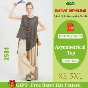 Può includere: Una donna modella un top asimmetrico e pantaloni a gamba larga. Il top ha un motivo a quadri neri e marroni. L'immagine include il testo che dice "Download istantaneo", "PDF Pattern", "Asymmetrical Top" e "XS-5XL".