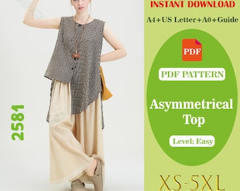 Patrón de costura para top asimétrico / Camisa de mujer con bajo irregular (descarga digital)