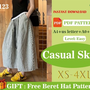 Könnte beinhalten: Ein Schnittmuster für einen Freizeitsrock mit dem Text "Casual Skirt" und der Größenangabe "XS-4XL". Das Bild zeigt eine Person, die einen gestreiften Rock, gelbe Schuhe und ein schwarzes Oberteil trägt. Das Muster ist ein Sofort-Download.
