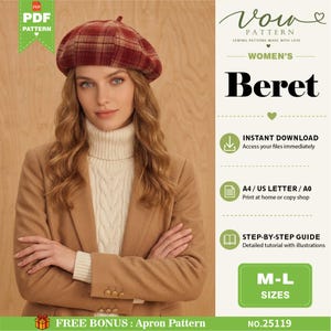 May include: A red and brown plaid beret worn with a cream-coloured cable knit turtleneck jumper and a tan blazer. The image includes text: Vow Pattern, Beret, Instant Download, A4/US Letter/A0, Step-by-Step Guide, M-L Sizes, Free Bonus: Apron Pattern.