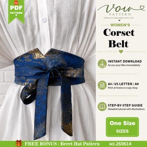 May include: A digital PDF sewing pattern for a corset belt featuring a blue and gold mottled texture. The image displays the text Vow Pattern, Corset Belt, Instant Download, A4/US Letter/A0, Step-by-Step Guide, One Size, and Free Bonus: Beret Hat Pattern.