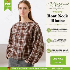 Op de afbeelding: Een bruin en wit geruite blouse met een boothals en lange mouwen. De afbeelding bevat de tekst: Vow Pattern, Boat Neck Blouse, Instant Download, A4/US Letter/A0, Step-by-Step Guide, XS-4XL Sizes, Free Bonus: Beret Hat Pattern, No. 251116.