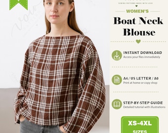 Women’s Loose-Fit Boat Neck Top PDF Sewing Pattern ,Loose-Fit Off-Shoulder Top PDF Sewing Pattern Digital Download