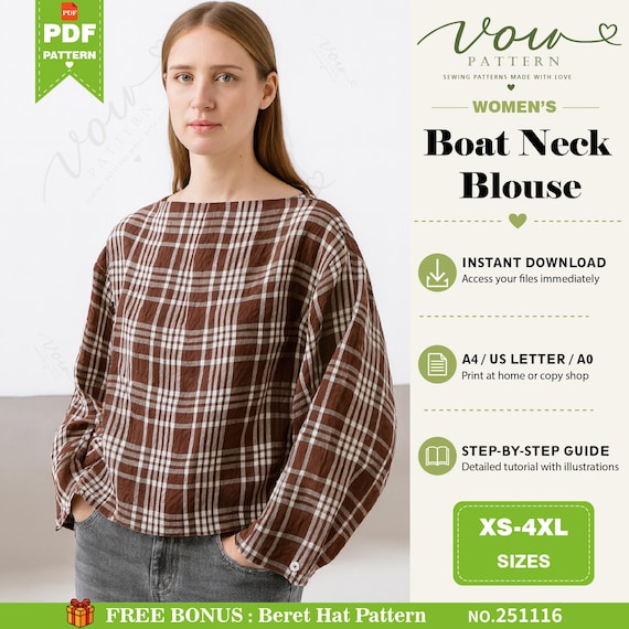 Women’s Loose-Fit Boat Neck Top PDF Sewing Pattern ,Loose-Fit Off-Shoulder Top PDF Sewing Pattern Digital Download