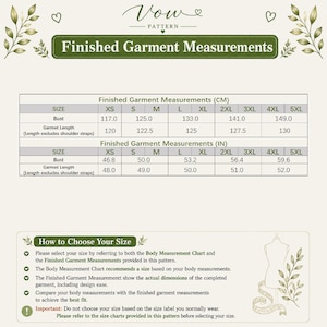 May include: A size chart titled Finished Garment Measurements with tables in centimeters and inches for sizes XS through 5XL. It includes bust and garment length data, plus a section titled How to Choose Your Size with instructions and a mannequin icon.