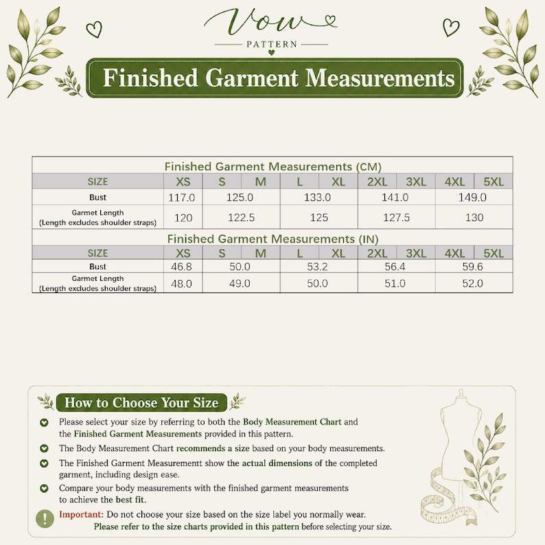 May include: A size chart titled Finished Garment Measurements with tables in centimeters and inches for sizes XS through 5XL. It includes bust and garment length data, plus a section titled How to Choose Your Size with instructions and a mannequin icon.