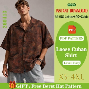 Könnte beinhalten: Ein braunes, kurzärmeliges kubanisches Hemd mit einer Tasche, getragen von einer Person. Das Hemd hat ein gesprenkeltes Muster. Der Text auf dem Bild lautet "Loose Cuban Shirt" und "XS-4XL". Das Bild zeigt auch "Instant Download" und "PDF Pattern".