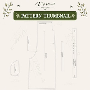 May include: A digital sewing pattern layout featuring a large main garment piece, a pocket piece, and two rectangular strips. The top header displays the text Vow PATTERN and PATTERN THUMBNAIL in a dark green box with decorative leaf illustrations.
