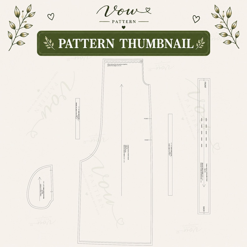 May include: A digital sewing pattern layout featuring a large main garment piece, a pocket piece, and two rectangular strips. The top header displays the text Vow PATTERN and PATTERN THUMBNAIL in a dark green box with decorative leaf illustrations.