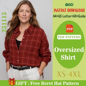 May include: A woman wearing a red plaid oversized shirt. The shirt has a button-down front and is paired with white pants and a black belt. Text on the image reads "Oversized Shirt" and "XS-4XL". The image also includes the text "Instant Download" and "Free Beret Hat Pattern".
