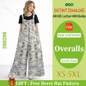 Puede incluir: Mono color crema con un estampado floral negro, usado sobre una camiseta negra. El mono tiene perneras anchas y tirantes ajustables. La imagen incluye el texto "Overalls" y "XS-5XL".