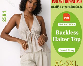 Patrón de costura en PDF para blusa halter a rayas, blusa sin espalda, blusa de verano sin mangas DIY