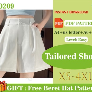 以下が含まれることがあります： プリーツとハイウエストが特徴の白いテーラードショーツ。画像には「Tailored Shorts」と「XS-4XL」の文字が含まれています。画像には「PDF PDF PATTERN」と「Level: Easy」の文字も含まれています。