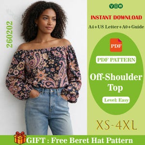 Haut épaules nues à manches bouffantes, patron de couture PDF, chemisier ample, encolure élastique, modèle numérique DIY pour femme A4 A0 lettre