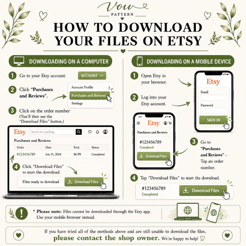 May include: An instructional graphic titled HOW TO DOWNLOAD YOUR FILES ON ETSY with green text and leaf accents. It provides step-by-step directions for downloading files on a computer and a mobile device, including screenshots of the Etsy interface.