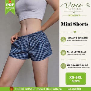 May include: Blue and white plaid mini shorts with an elastic waistband and two front buttons. The image includes text: Vow Pattern, Mini Shorts, Instant Download, A4/US Letter/A0, Step-by-Step Guide, XS-5XL Sizes, Free Bonus: Beret Hat Pattern, No. 260201.