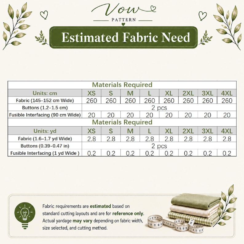 May include: A Vow Pattern chart titled Estimated Fabric Need, displaying material requirements in centimeters and yards for sizes XS to 4XL. The table lists fabric, buttons, and fusible interfacing quantities, accompanied by a stack of fabric.