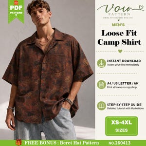 May include: A digital PDF sewing pattern for a loose fit camp shirt featuring a brown and black mottled print. The pattern includes instructions for sizes XS to 4XL, with options for A4, US Letter, and A0 printing formats, plus a bonus beret pattern.