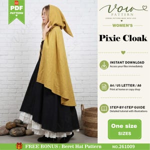 May include: A mustard yellow hooded cloak with a pointed hood, worn over a black skirt with a white ruffled hem. The image includes text: Vow Pattern, Women's Pixie Cloak, Instant Download, A4/US Letter/A0, Step-by-Step Guide, One Size, Free Bonus.