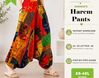 Harem Pants PDF Sewing Pattern, Women’s Loose Fit Boho Pants, Elastic Waist Baggy Pants Pattern, A0 A4 US Letter