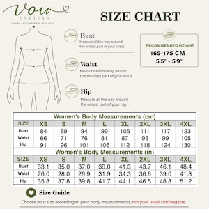 May include: A size chart for sewing patterns by Vow Pattern featuring a line drawing of a human torso with bust, waist, and hip measurement indicators. It includes a recommended height of 165-175 cm or 5'5"-5'9" and tables for body measurements in cm and inches.
