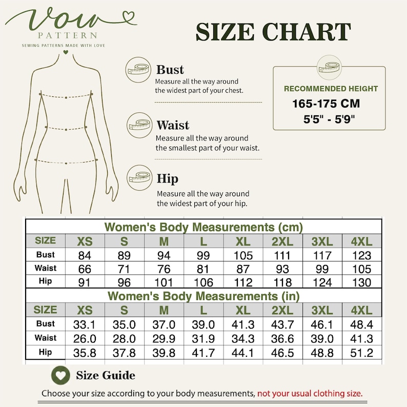 May include: A size chart for sewing patterns by Vow Pattern featuring a line drawing of a human torso with bust, waist, and hip measurement indicators. It includes a recommended height of 165-175 cm or 5'5"-5'9" and tables for body measurements in cm and inches.