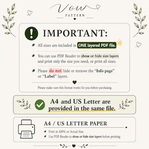 May include: An informational graphic for a Vow Pattern sewing file. It states that all sizes are in one layered PDF, allows showing or hiding layers, and includes A4 and US Letter paper formats. It instructs to print at 100% or actual size.