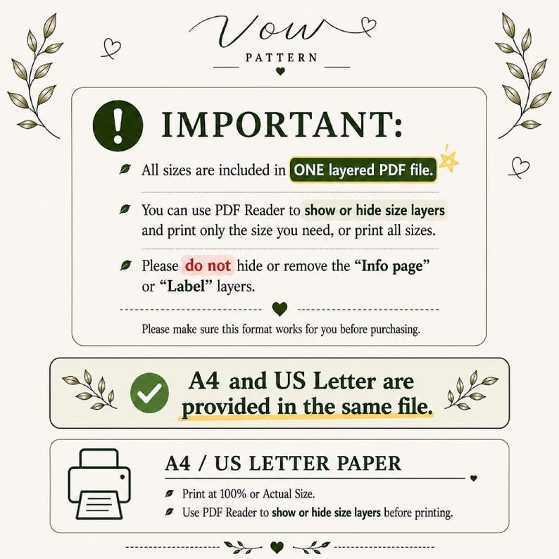 May include: An informational graphic for a Vow Pattern sewing file. It states that all sizes are in one layered PDF, allows showing or hiding layers, and includes A4 and US Letter paper formats. It instructs to print at 100% or actual size.