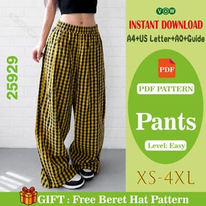 May include: Yellow and black checked trousers. The image also includes a PDF pattern for trousers, labelled "Pants" with "Level: Easy" and sizes "XS-4XL". The text "INSTANT DOWNLOAD" and "GIFT: Free Beret Hat Pattern" are also visible.