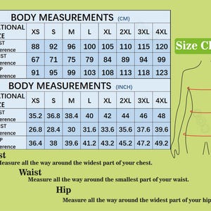 May include: A size chart with body measurements in centimeters and inches. The chart includes bust, waist, and hip measurements for sizes XS to 4XL. A green "Size Chart" label is in the upper right corner.