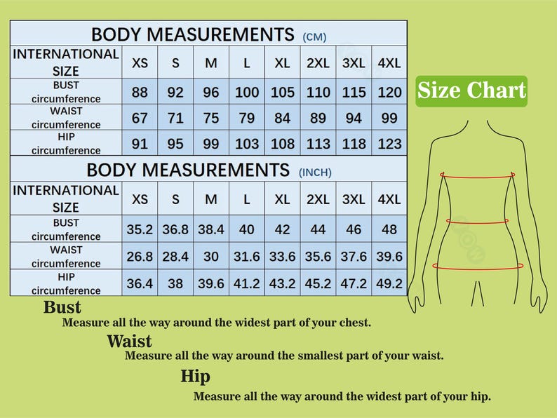 May include: A size chart with body measurements in centimeters and inches. The chart includes bust, waist, and hip measurements for sizes XS to 4XL. A green "Size Chart" label is in the upper right corner.