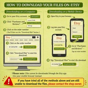May include: An instructional graphic titled HOW TO DOWNLOAD YOUR FILES ON ETSY, featuring step-by-step guides for computers and mobile devices. It includes illustrations of a desktop monitor and smartphone screens showing Etsy account menus and buttons.