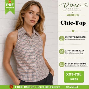 May include: A sleeveless button-down top with a beige, green, and red plaid pattern, featuring a classic collar. The digital product listing includes text: PDF PATTERN, Vow Pattern, Chic-Top, Instant Download, A4/US Letter/A0, and XXS-7XL sizes.