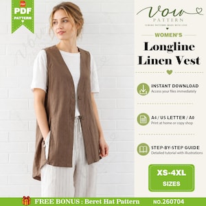 May include: A brown longline linen vest featuring a V-neckline and two front buttons. The text on the image reads Vow Pattern, Longline Linen Vest, Instant Download, A4 / US Letter / A0, Step-by-Step Guide, XS-4XL Sizes, and Free Bonus: Beret Hat Pattern.