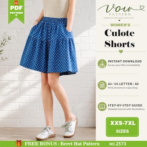 May include: A blue culotte shorts sewing pattern with a white polka dot print, featuring an elastic waistband and side pockets. The digital file includes instructions for sizes XXS to 7XL, compatible with A4, US Letter, and A0 paper formats.