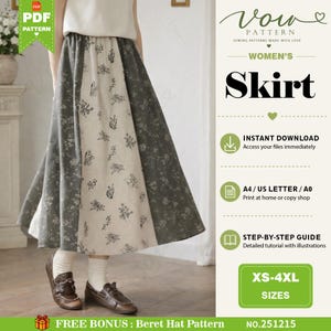 Puede incluir: Una falda midi con paneles alternos de tela gris oscuro sólido y crema con un estampado floral negro. La falda tiene una cintura alta y una silueta acampanada. El texto en la imagen incluye Vow Pattern, Women's Skirt y XS-4XL Sizes.