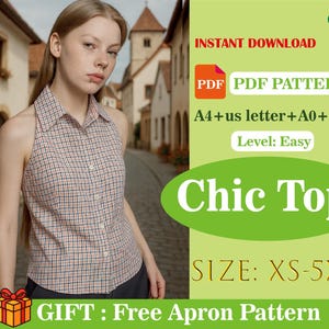 Collared Halter Shirt Sewing Pattern, Sleeveless Button Front Top PDF, Vintage Style Halter Blouse, Summer Crop Top Digital Download