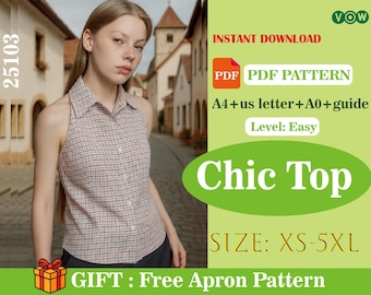 Patrón de costura para camisa halter con cuello, blusa sin mangas con botones en PDF, blusa halter estilo vintage, top corto de verano, descarga digital
