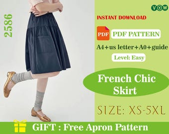 Patrón de costura de falda plisada (PDF), falda fruncida hasta la rodilla para mujer, ropa de verano DIY, tutorial de costura imprimible