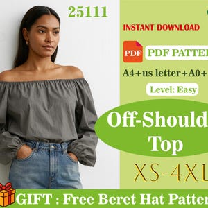 Peut inclure: Une femme porte un haut gris épaules nues et un jean bleu. L'image contient le texte "Off-Shoulder Top XS-4XL" et "PDF PDF PATTERN". Le haut a des manches longues et est froncé à l'encolure. Le patron est un téléchargement instantané.