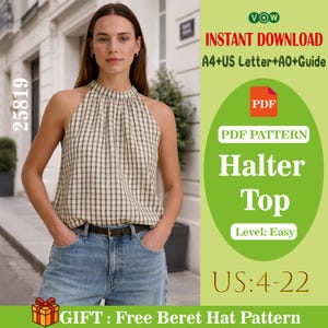 Molde em PDF para blusa feminina sem mangas com decote halter | Blusa xadrez soltinha de verão | Tutorial de costura fácil para iniciantes