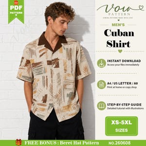 May include: A short-sleeve Cuban shirt with a brown collar and a beige base featuring a brown, tan, and gray abstract brushstroke pattern. The text on the image includes Vow Pattern, Cuban Shirt, Instant Download, A4/US Letter/A0, and XS-5XL Sizes.