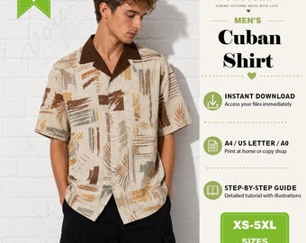 Men’s Cuban Collar Shirt PDF Sewing Pattern, Short Sleeve Camp Collar Shirt Pattern, Printed Summer Shirt, A0 A4 US Letter, Sizes S-4XL