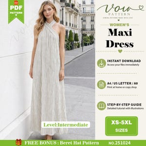 May include: A floor-length maxi dress featuring a white and grey vertical striped pattern with a halter-style crisscross neckline. The digital sewing pattern includes text labels for PDF format, intermediate skill level, and sizes XS-5XL.
