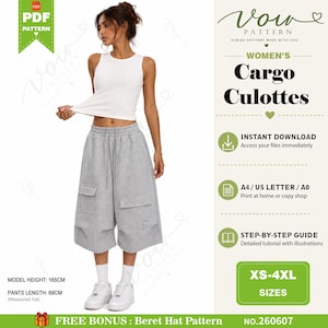 Może przedstawiać: Cyfrowy wykroj krawiecki na kuloty cargo, z białym topem i szarymi szerokimi szortami z kieszeniami bocznymi. Tekst zawiera Vow Pattern, Cargo Culottes, Instant Download, A4/US Letter/A0 oraz rozmiary XS-4XL. Wzrost modelki 165cm.