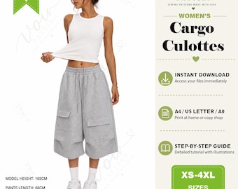Cargo Culottes PDF Sewing Pattern | Women's Wide Leg Shorts Pattern | XS-5XL | A4, US Letter & A0 | Instant Download
