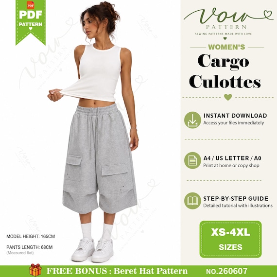 Cargo Culottes PDF Sewing Pattern | Women's Wide Leg Shorts Pattern | XS-5XL | A4, US Letter & A0 | Instant Download