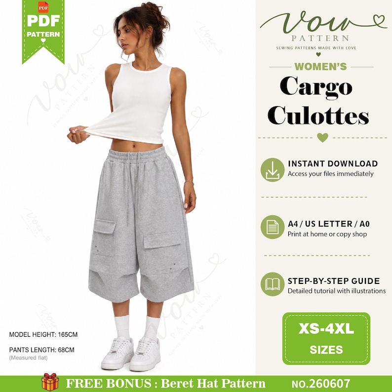 May include: A digital sewing pattern for cargo culottes, featuring a white tank top and grey wide-leg shorts with side pockets. The text includes Vow Pattern, Cargo Culottes, Instant Download, A4/US Letter/A0, and sizes XS-4XL. Model height 165cm.