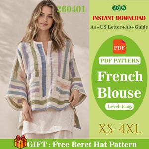 Pode incluir: Uma mulher veste uma blusa listrada em tons pastel com decote em V e bolsos. A imagem inclui o texto "French Blouse" e "XS-4XL". A blusa apresenta listras verticais em tons de azul, verde e rosa.