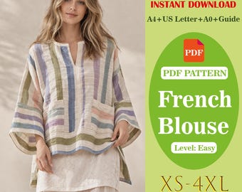 Patrón de costura para camisa estilo francés, blusa abotonada de corte relajado en PDF, hombros caídos, ideal para principiantes.